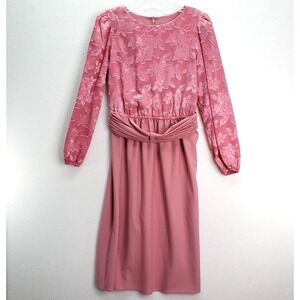 Boston Maid Dress Womens Medium Pink Floral Dress Belt Long Sleeve Vintage Party